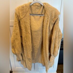 Tan fuzzy hooded cardigan